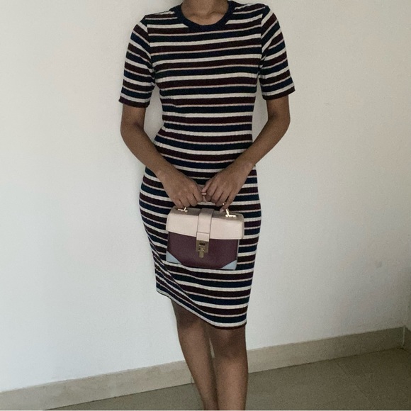 Dorothy Perkins Navy White Burgundy Pink shimmer stripe stretch dress - Picture 3 of 8